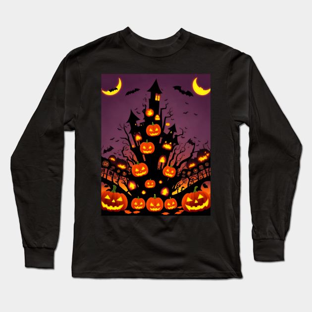 Halloween Spooky Orange Pumpkin Pattern Long Sleeve T-Shirt by TrendyTees